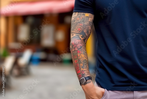 A man with tattoos on his arms. Generative AI