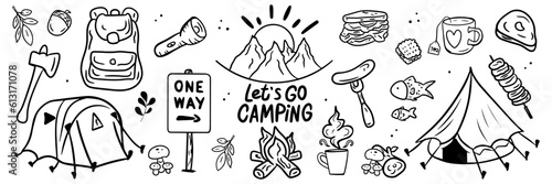 Hand drawn camping and hiking elements in doodle style isolated on white background big set. Outline vector illustration. Icon set. Design for prints, poster, trip, travel card