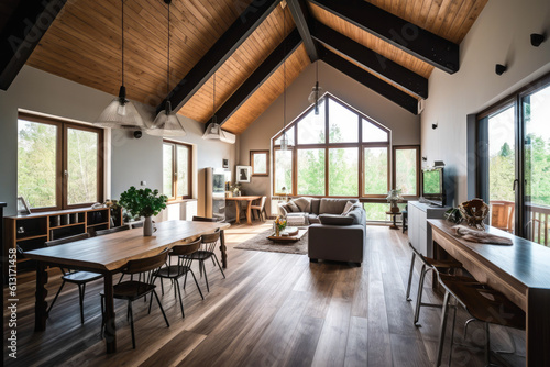 Architectural photography of a modern livingroom. Modern style interior design idea, loft conversion. Generative AI © MVProductions