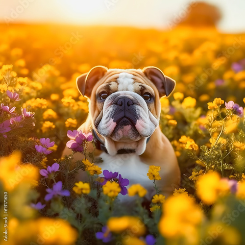 Cute Bulldog in a Field of Flowers: A Delightful Sight