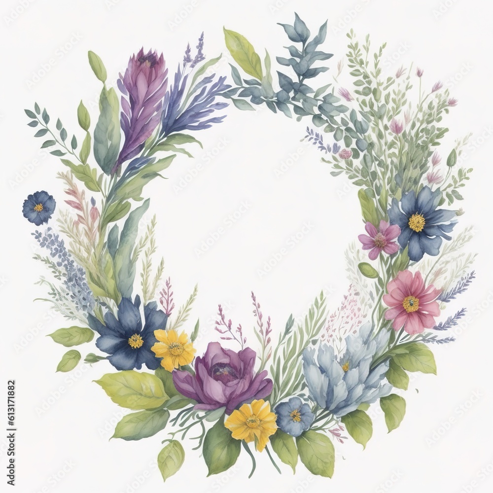Obraz premium Watercolor floral wreath with purple and yellow meadow flowers on white background, AI generated illustration