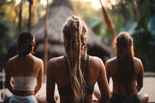 Woman party, They making yoga in the lotus position. Tropical background. generative AI

