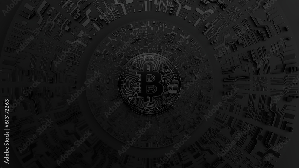 Black Bitcoin on black background and futuristic printed circuit. Digital Currency. 3d rendering