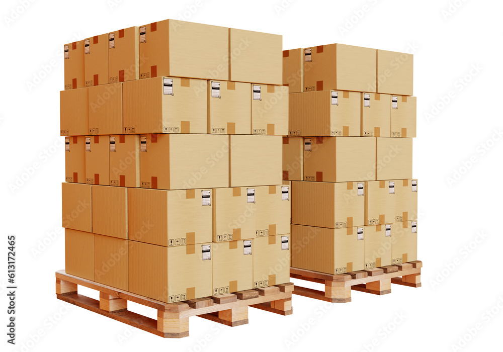 Pallets with boxes. Cardboard parcels. Pallets with cargo isolated on