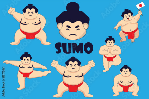Set of kawaii sumo japan character design. Cute Sumo concept in various styles illustration vector template