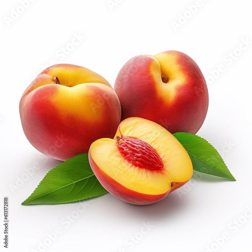 Ripe nectarine with green leaves isolated on white background. AI generated.