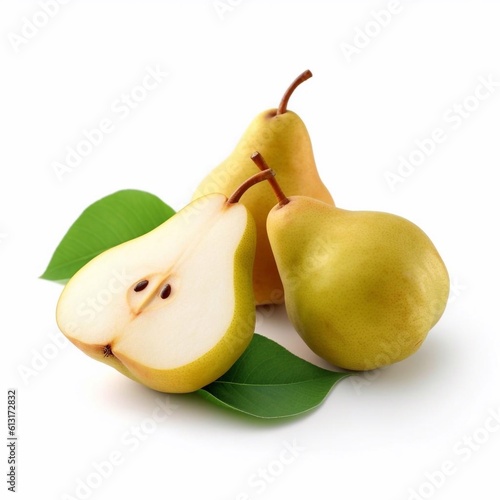 Ripe pear with green leaves isolated on white background. AI generated.