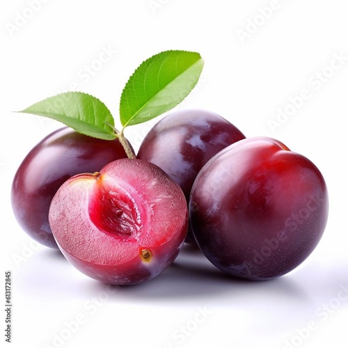Ripe plums with green leaves isolated on white background. AI generated.