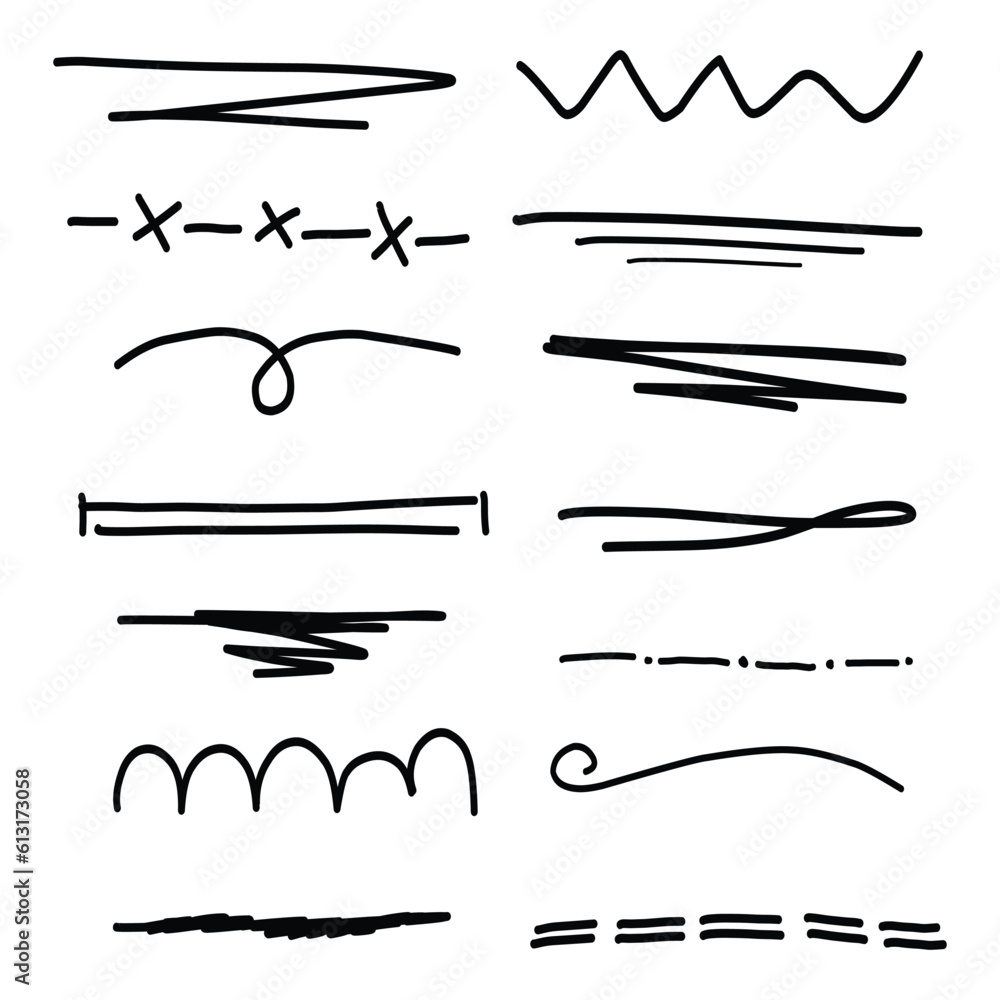 hand drawn set of black vector underlines on a white background	