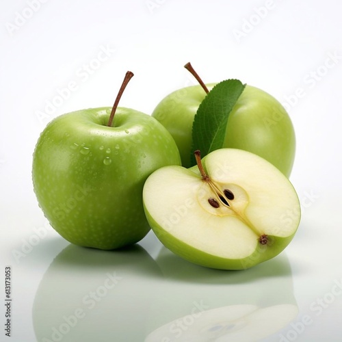 Ripe green apple with green leaves isolated on white background. AI generated.