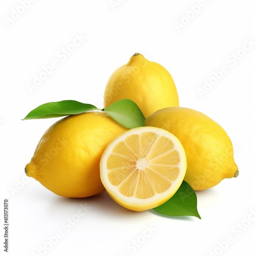 Ripe lemon with green leaves isolated on white background. AI generated.