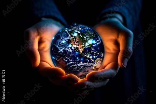 Illustration of Earth at Night Held in a Human Hand  Generative Ai