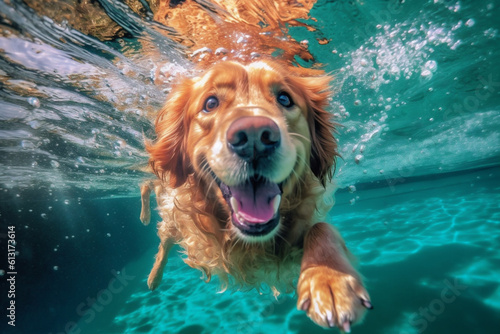 funny dog swimming puppy underwater snorkeling pool water fun vacation. Generative AI.