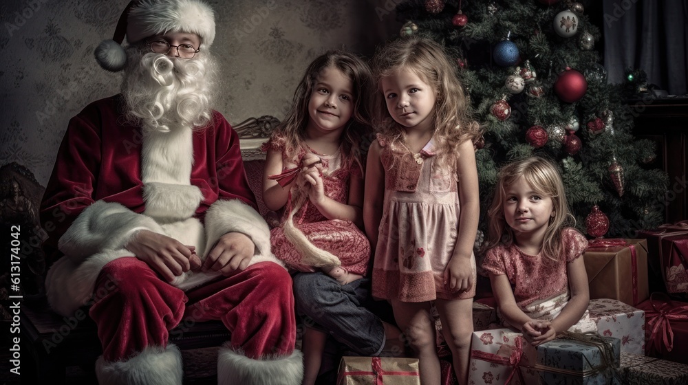 Santa Claus with kids indoors christmas celebration concept. Santa Claus. Christmas Tree. Christmas. Made With Generative AI.