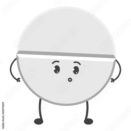 Round white pill character vector isolated. Illustration of a medical mascot, cute and funny smiling pill. Concept of medicine and healthcare, ill treatment.