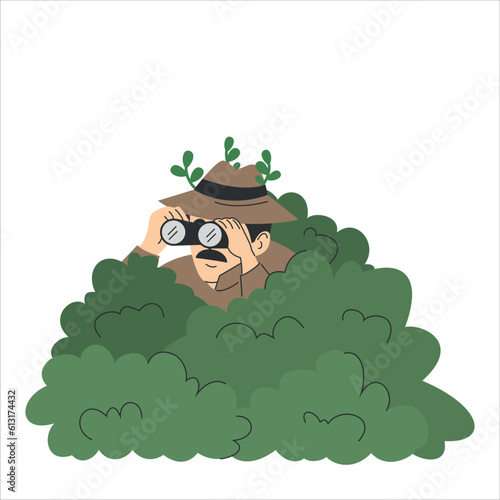 Detective character hiding in bushes and spying using binocular vector isolated. Funny male private detective in hat. Spy in disguise, crime investigation.
