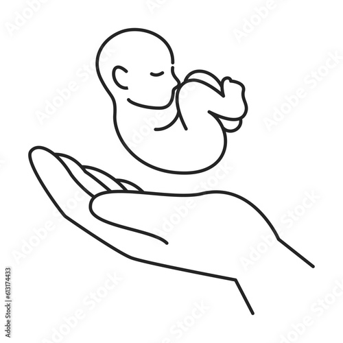 Baby and hand icon vector isolated. Symbol of baby in mothers hand, concept of motherhood and care. Newborn sleeping.