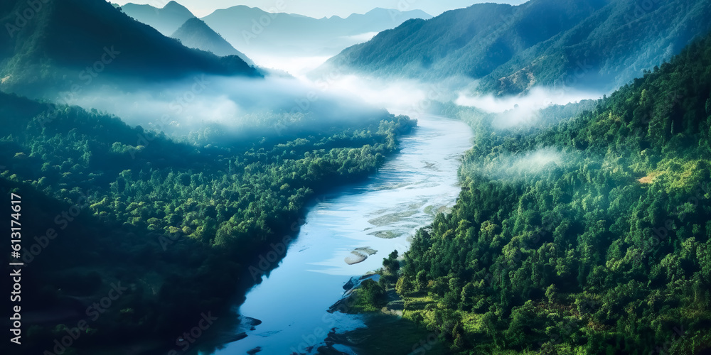 drone view.Abstract rain forest or evergreen forest with river stream and landscape mountain in mist.beautiful nature background. ecology and environment.generative ai art