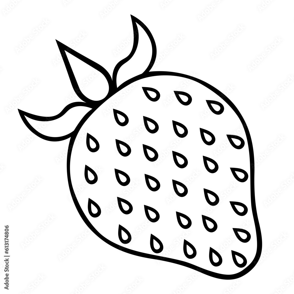 Strawberry. Sweet fruit with a stalk. Sketch. A ripe berry with small seeds lies on its side. Vector illustration. Doodle style. Outline on isolated background. Coloring book for children. Strawberry. Sweet fruit with a stalk. Sketch. A ripe berry with small seeds lies on its side. Vector illustration. Doodle style. Outline on isolated background. Coloring book for children.