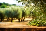 A wooden table on the background of olive trees and a farm, Generative Ai