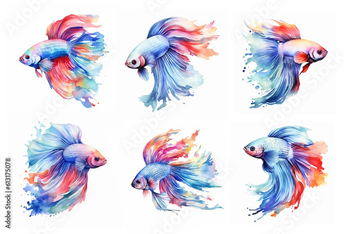 betta fish set in watercolor style. Isolated