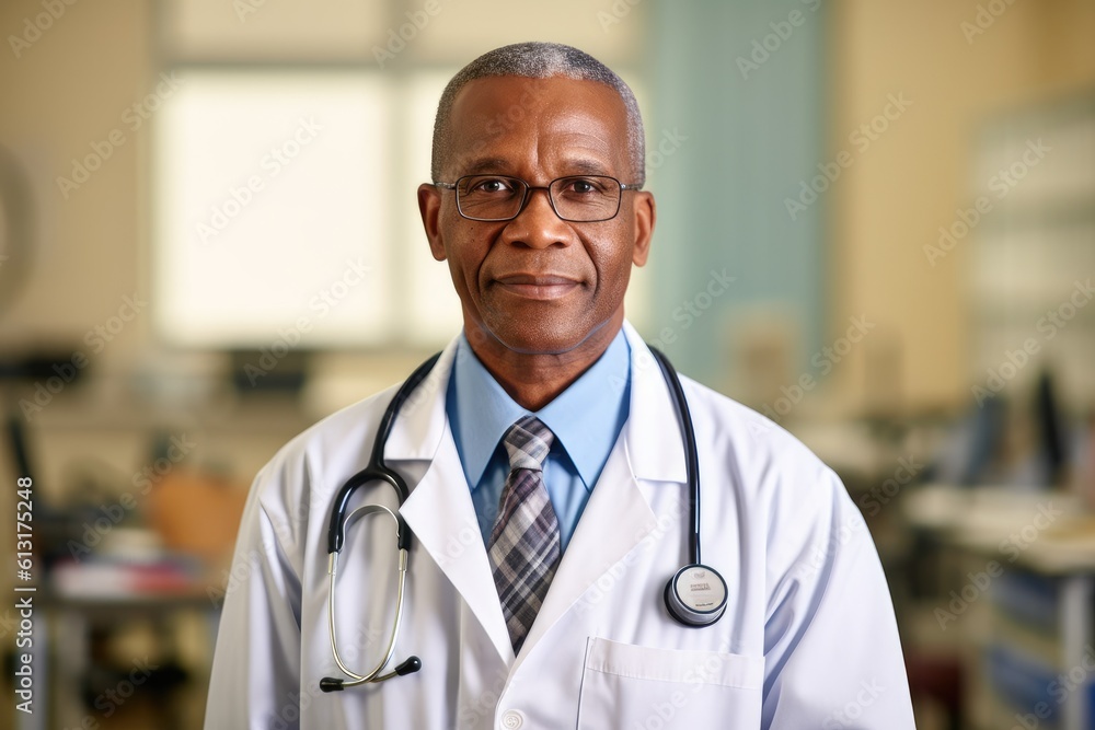A portrait shot of a male doctor wearing a white lab coat and stethoscope. Generative AI A portrait shot of a male doctor wearing a white lab coat and stethoscope. Generative AI