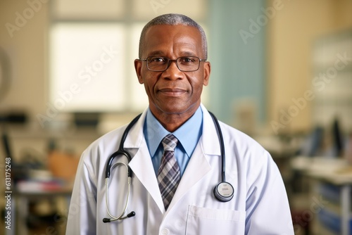 A portrait shot of a male doctor wearing a white lab coat and stethoscope. Generative AI