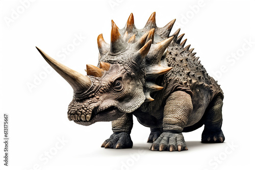 Triceratops. Dinosaur, realistic image. White background. Ai illustration, fantasy digital painting, Generative AI