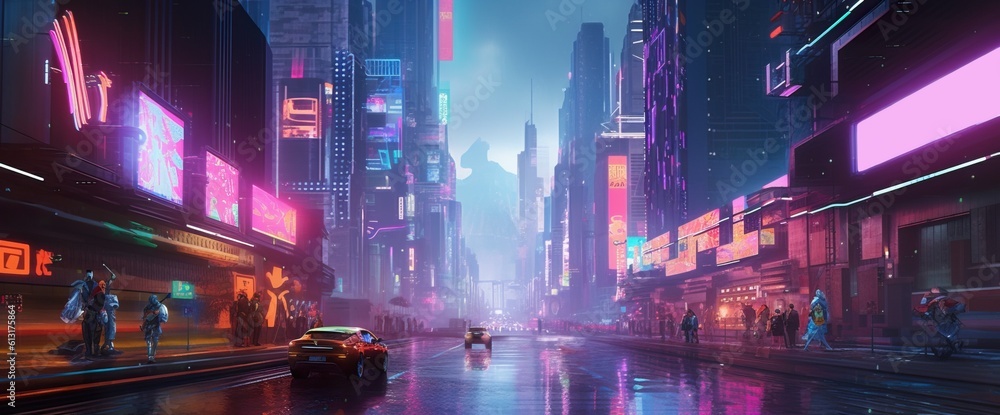 Cyberpunk neon city street at night. Futuristic city scene in a style of sci-fi art. 80's wallpaper. Retro future Generative AI illustration. Urban scene.