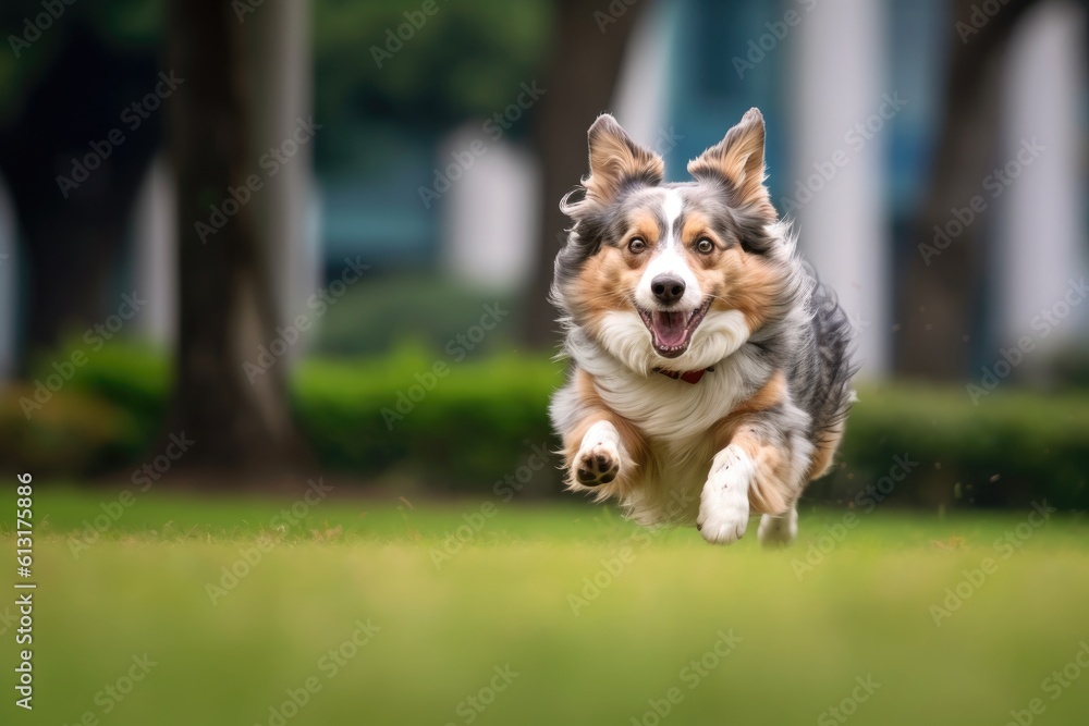 A close - up shot of a joyful, dog running through the park. Generative AI
