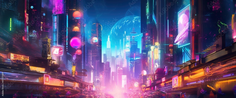 Cyberpunk neon city street at night. Futuristic city scene in a style of sci-fi art. 80's wallpaper. Retro future Generative AI illustration. Urban scene.