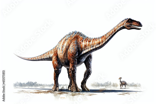 Diplodocus. Dinosaur, realistic image. White background. Ai illustration, fantasy digital painting, Generative AI