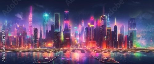 Panorama of a Cyberpunk neon city street at night. Aerial view. Futuristic city scene in a style of sci-fi art. 80 s wallpaper. Retro future Generative AI illustration. Urban scene.