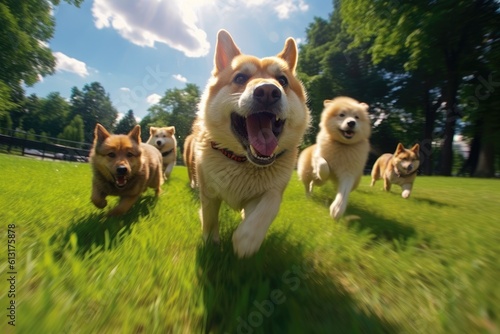 A group of dogs playing and running together in the park. Generative AI