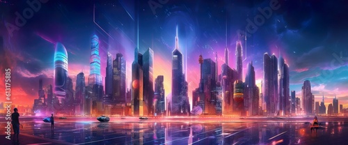 Panorama of a Cyberpunk neon city street at night. Aerial view. Futuristic city scene in a style of sci-fi art. 80's wallpaper. Retro future Generative AI illustration. Urban scene. © Valeriy
