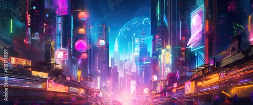 Cyberpunk neon city street at night. Futuristic city scene in a style of sci-fi art. 80 s wallpaper. Retro future Generative AI illustration. Urban scene.