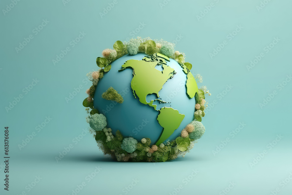 Planet earth surrounded by trees, plants and flowers isolated on flat blue background, copy space. Creative earth day concept, ecological living, plastic free, 3d cartoon clay style. Generative AI Planet earth surrounded by trees, plants and flowers isolated on flat blue background, copy space. Creative earth day concept, ecological living, plastic free, 3d cartoon clay style. Generative AI