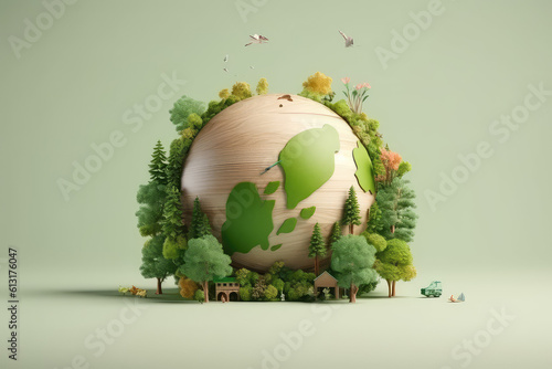 Planet earth surrounded by trees, houses, flowers isolated on flat green background, copyspace. Creative earth day concept, ecological living, plastic free, 3d cartoon clay style. Generative AI