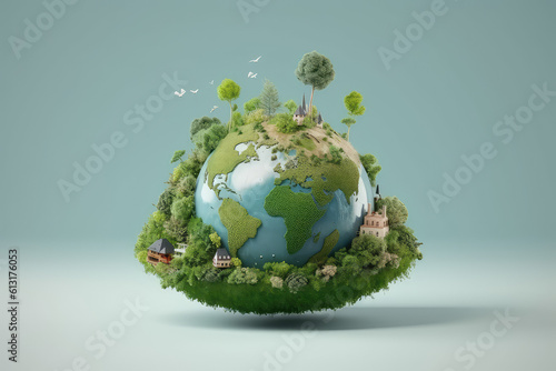 Planet earth surrounded by trees  houses  plants  flowers isolated on flat blue background  copyspace. Creative earth day concept  ecological living  plastic free  3d cartoon clay style. Generative AI