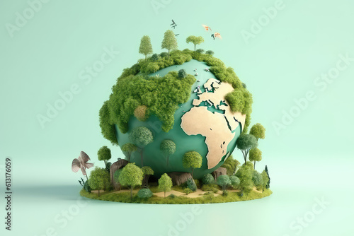 Planet earth surrounded by trees, plants and flowers isolated on light green background, copy space. Creative earth day concept, ecological living, plastic free, 3d cartoon clay style. Generative AI