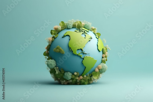 Planet earth surrounded by trees, plants and flowers isolated on flat blue background, copy space. Creative earth day concept, ecological living, plastic free, 3d cartoon clay style. Generative AI