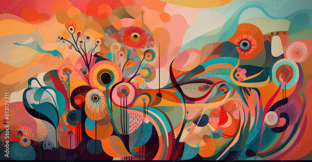 abstract composition influenced by surrealism and fantasy, featuring whimsical elements, imaginative shapes, and vibrant colors. Embrace the imaginative and otherworldly aspects to create a visually c