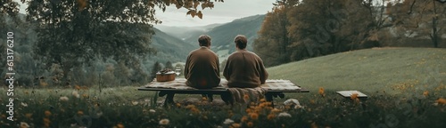 Two man sitting on the mountain