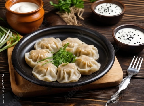 Delicious cooked dumplings with sour cream on dark wooden table, flat lay. Created with Generative AI technology.
