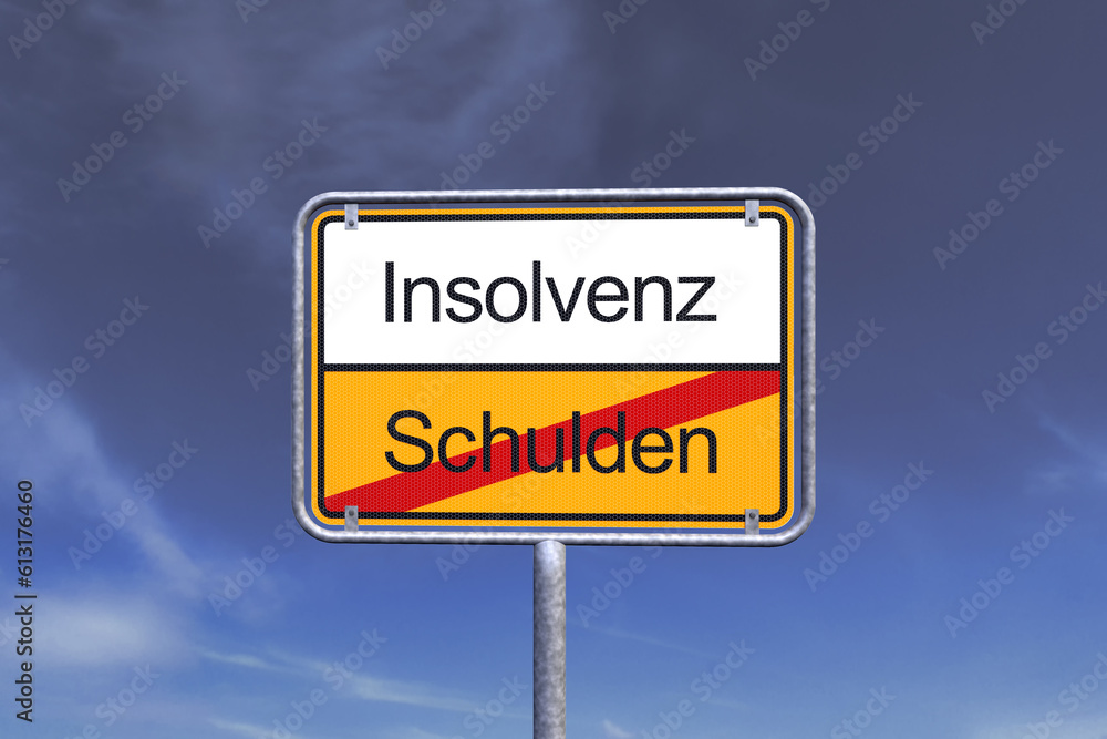Illustration - Ortsschild - Ortstafel - Insolvenz - Schulden - Himmel - Wolken Illustration - Ortsschild - Ortstafel - Insolvenz - Schulden - Himmel - Wolken