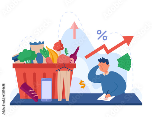 Frustrated man writing grocery list vector illustration. Customer looking at container with grocery products, clothes, digital devices, worrying about money. Rising prices, inflation, economy concept