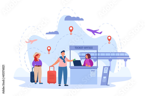 Young people buying tickets vector illustration. Happy friends or couple with suitcases traveling by train and plane at half-price in summer. Summer trip, travel, tourism concept