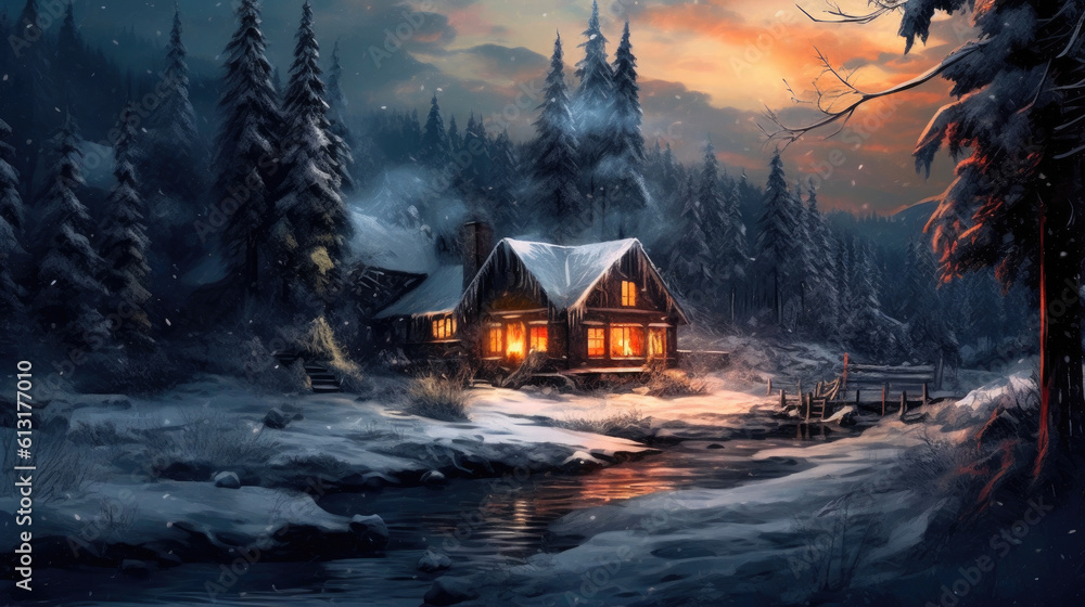 Chilling Beauty: A Winter Scene Painted with Precision. Generative AI