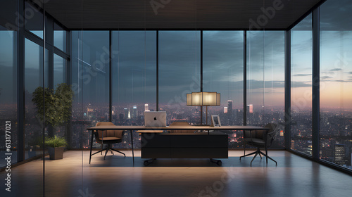 product mockup presenting a stylish office workspace with a city skyline view from a glass-walled office, creating a professional and innovative backdrop for the product