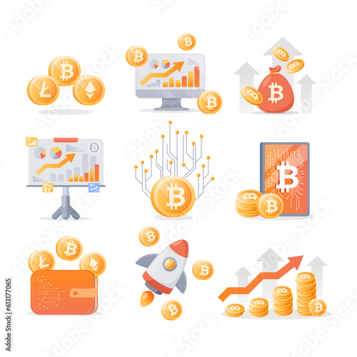 Cryptocurrency charts and income vector illustrations set. Collection of cartoon drawings of gold coins with crypto symbols, financial growth, money bag. Cryptocurrency, finances, business concept